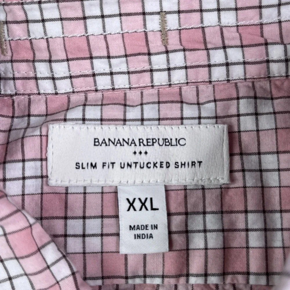 Banana Republic Shirt‎ Mens 2XL XXL Pink Checkered Slim Fit Untucked Cotton